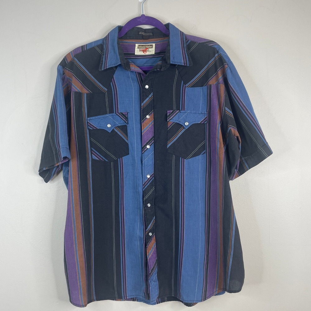 Youngbloods Authentic Western Pearl Snap Shirt XLarge Blue Striped Rodeo Vintage